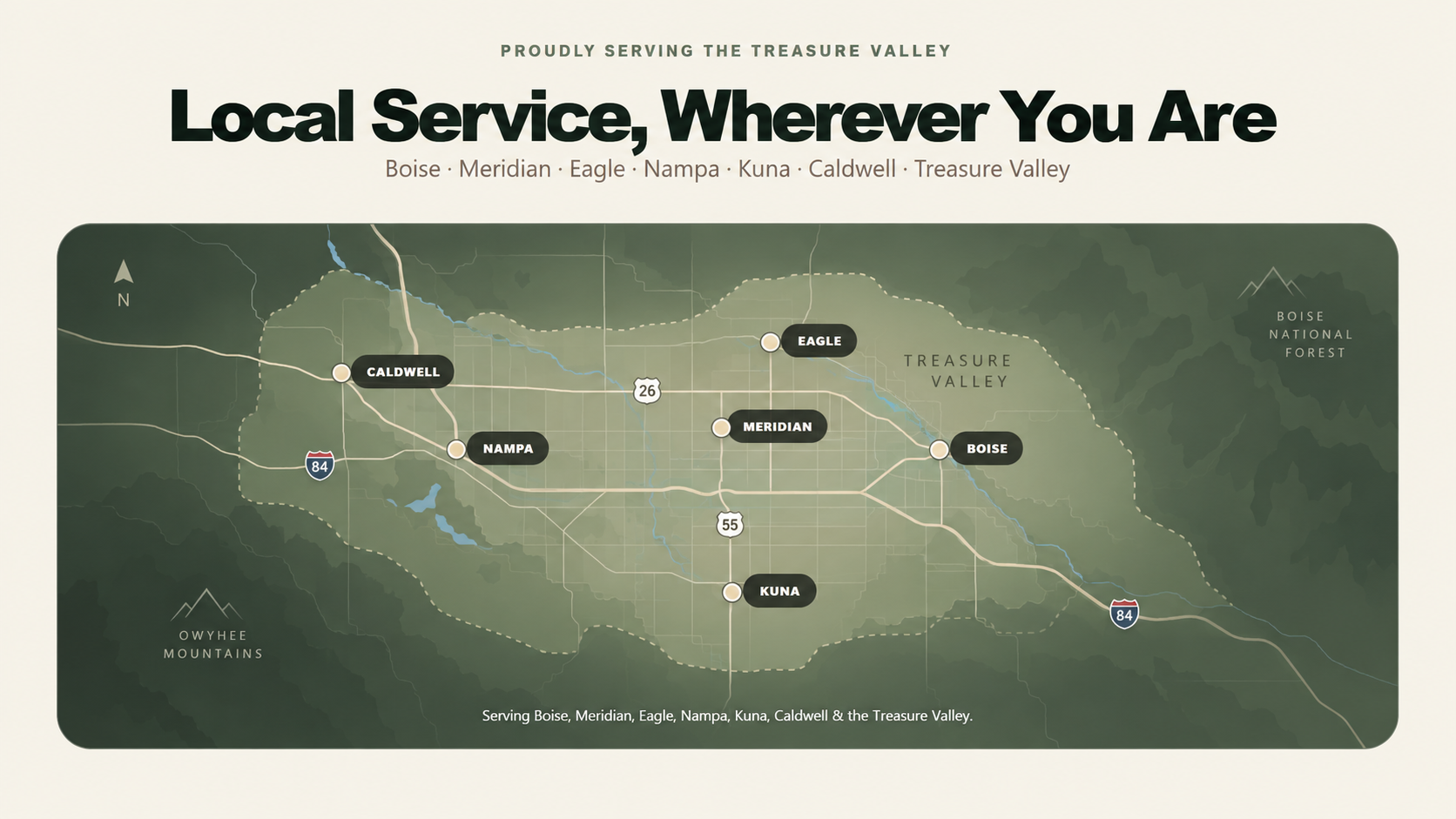 HomeTown Window Cleaning Treasure Valley service area map showing Boise, Meridian, Eagle, Nampa, Kuna, and Caldwell, Idaho.